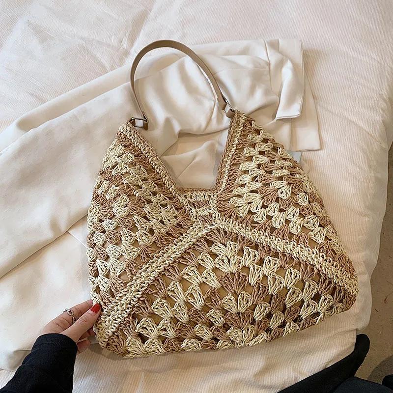 Commuter Large-capacity Straw Shoulder Bag Women's  New Popular Knitted Hollow Handbag Fashion Shoulder Bucket Bag