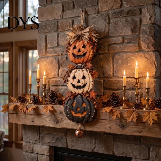 Thanksgiving Seasonal Embellishments Halloween Stacked Pumpkin Door Hanger, Vintage Jack‑O‑Lantern Wall Hanging Ornament, Autumn Harvest
