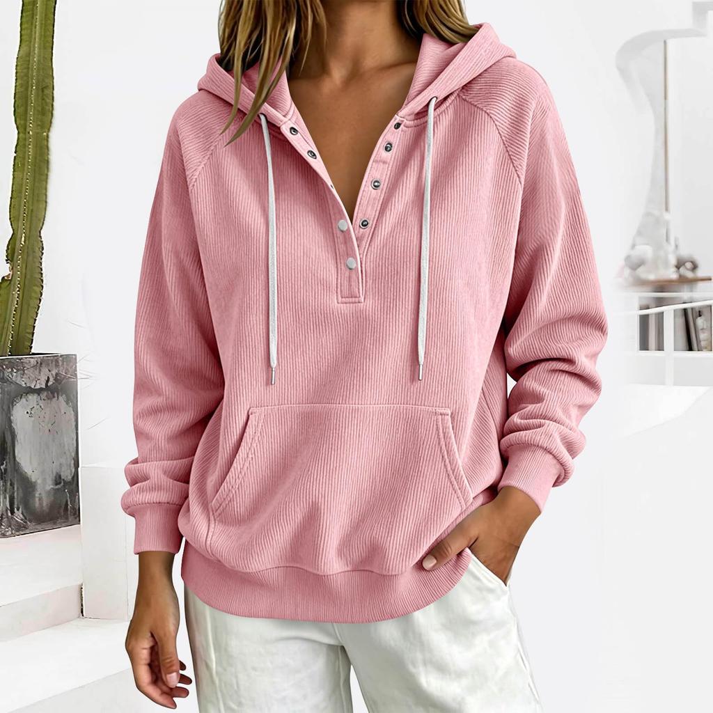 Women's Casual Lightweight Pullover Hoodie Long Sleeve Ribbed Texture Half Button Front Kangaroo Pocket Drawstring Hood Sweatshirt