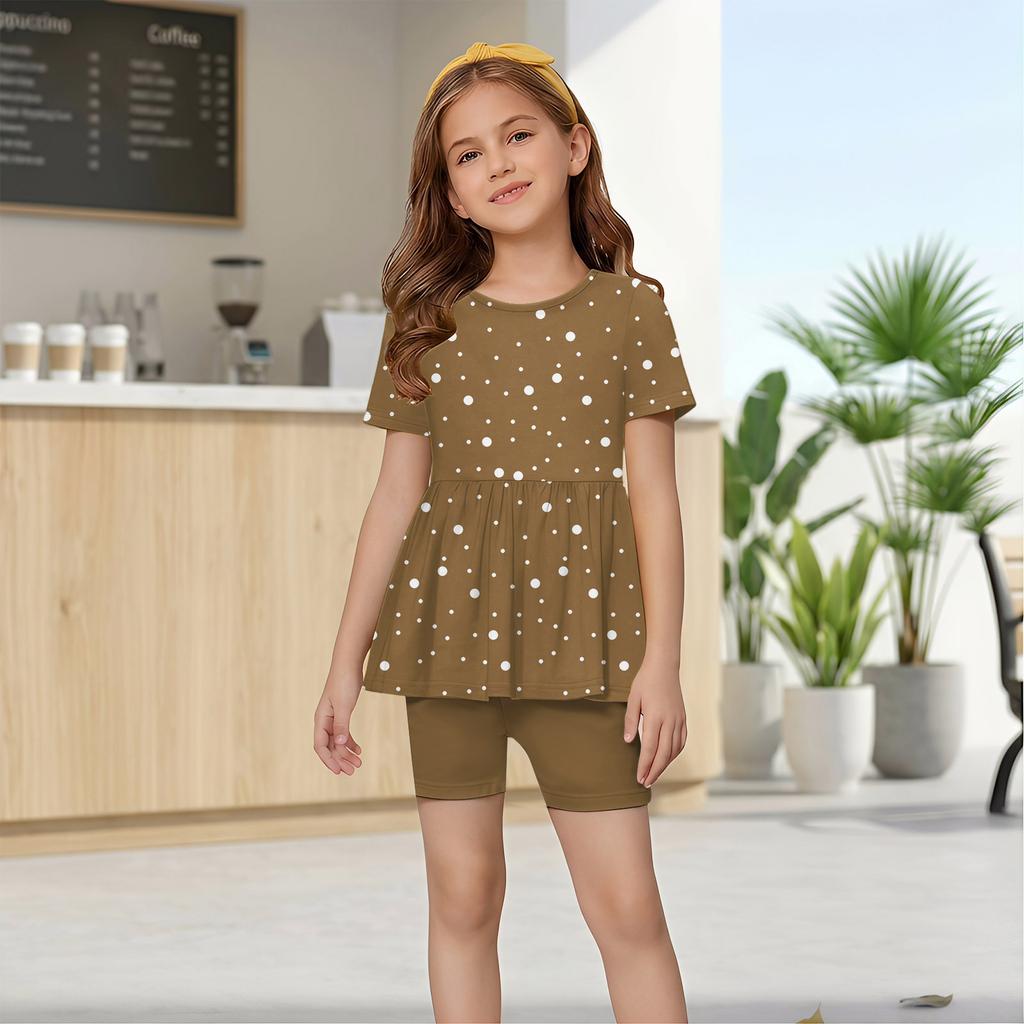 Completo Estivo per Bambina Set Top a Maniche Corte con Volant e Stampa Pois e Pantaloncini Due Pezzi Abbigliamento Casual per Bambini