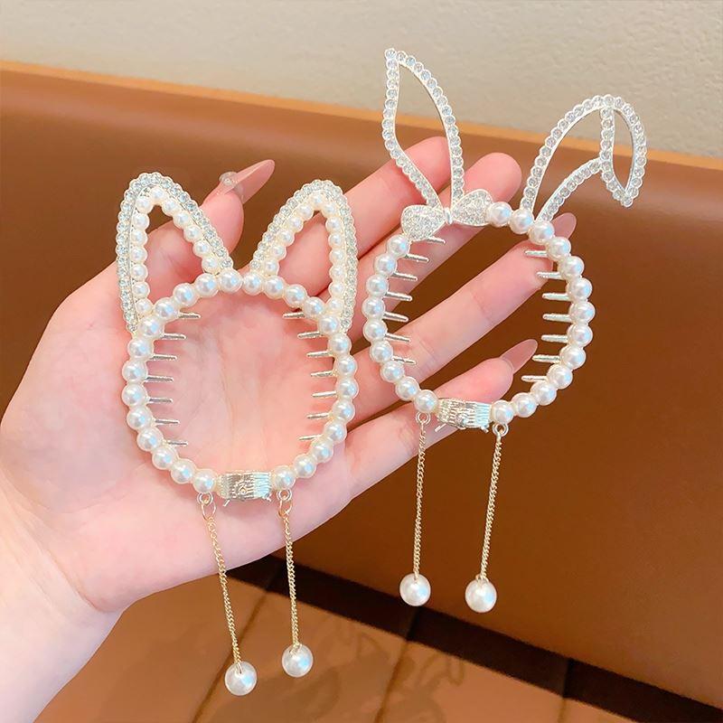 New Pearl Tassel Rhinestone Luxury Fish Wings Rabbit Ear Round Hair Claw For Girl Woman Temperament Designer Hair Clips