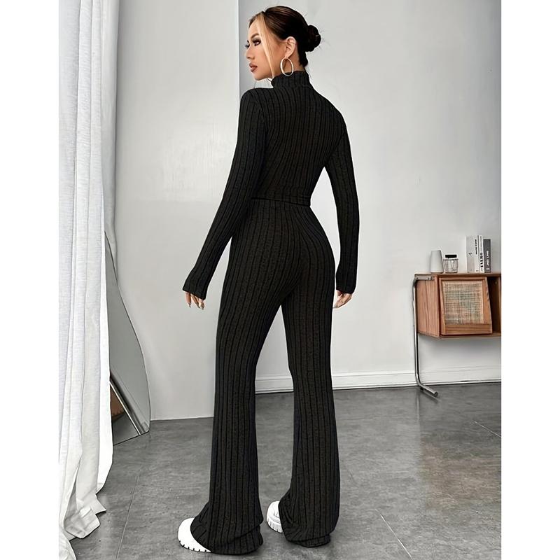 Toamnă Nou Set de pantaloni tricotați cu mânecă lungă Femei Casual Solid Stand Pantaloni largi din două piese Costume Femei Tricoturi Moda elegantă Seturi de femei 2 piese 24706