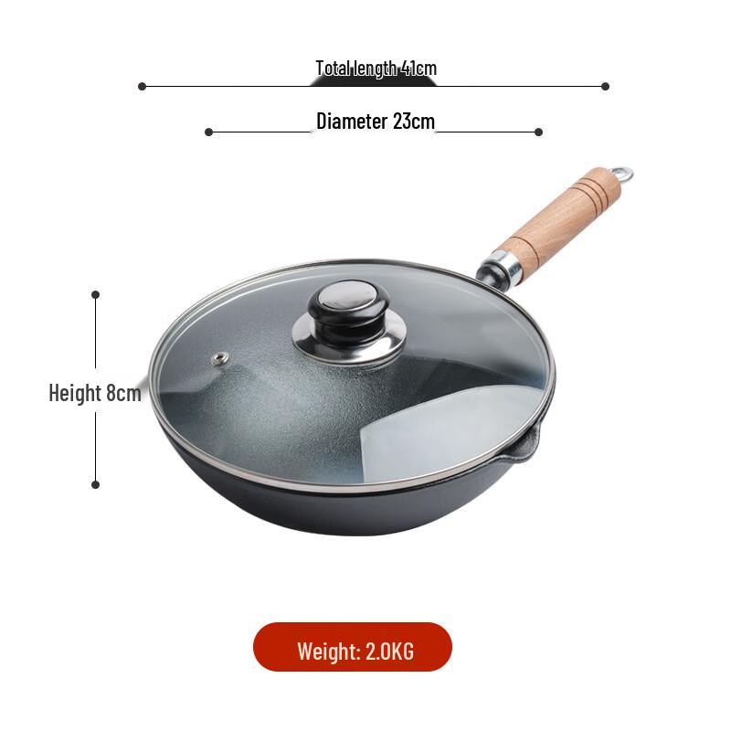 ZISIZ Cast Iron Wok with Wooden Handle