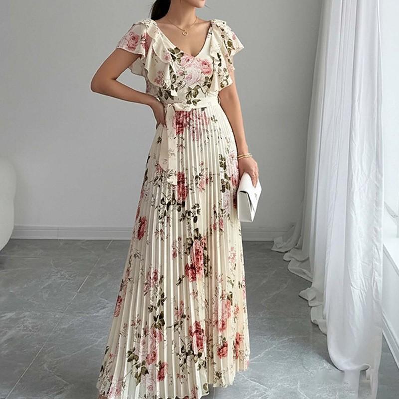 

European American Women s Dress Floral Print Lotus Leaf Sleeves V-neck Pleated Long 2XL