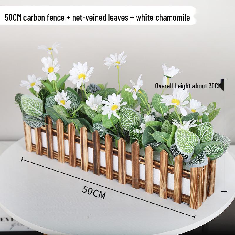 Silk Flower Pot with Wood Fence: Decorative Bonsai for Living Room or Office.
