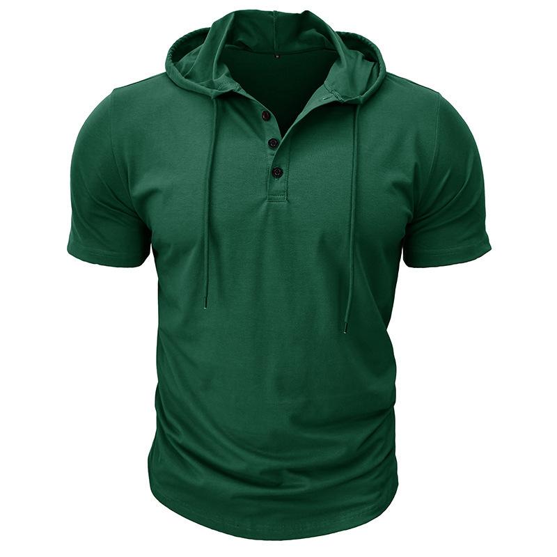 Men Green Short Sleeve Hooded Henley Neck Drawstring Casual Summer T Shirt