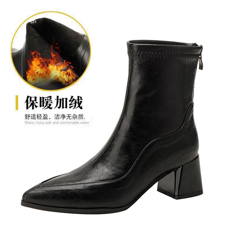 High Heel Short Boots Coarse Heel Pointed Skinny Boots Brown Fleece Winter Boots Medium Boots