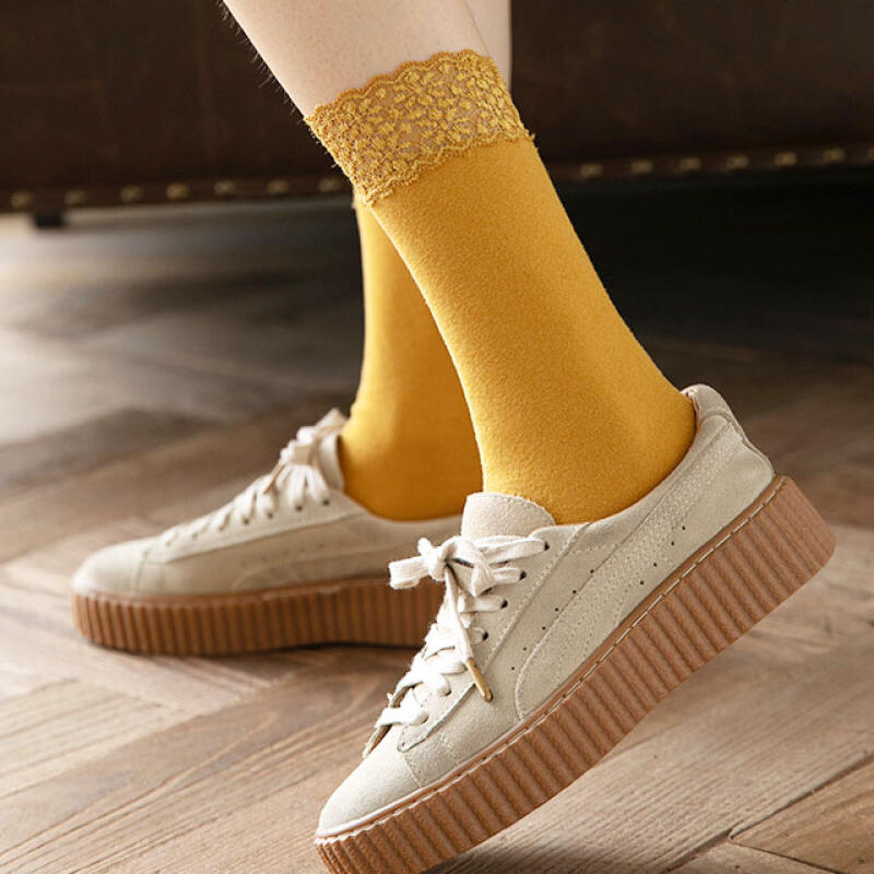 fsn139_Women s fleece lace thermal socks brown