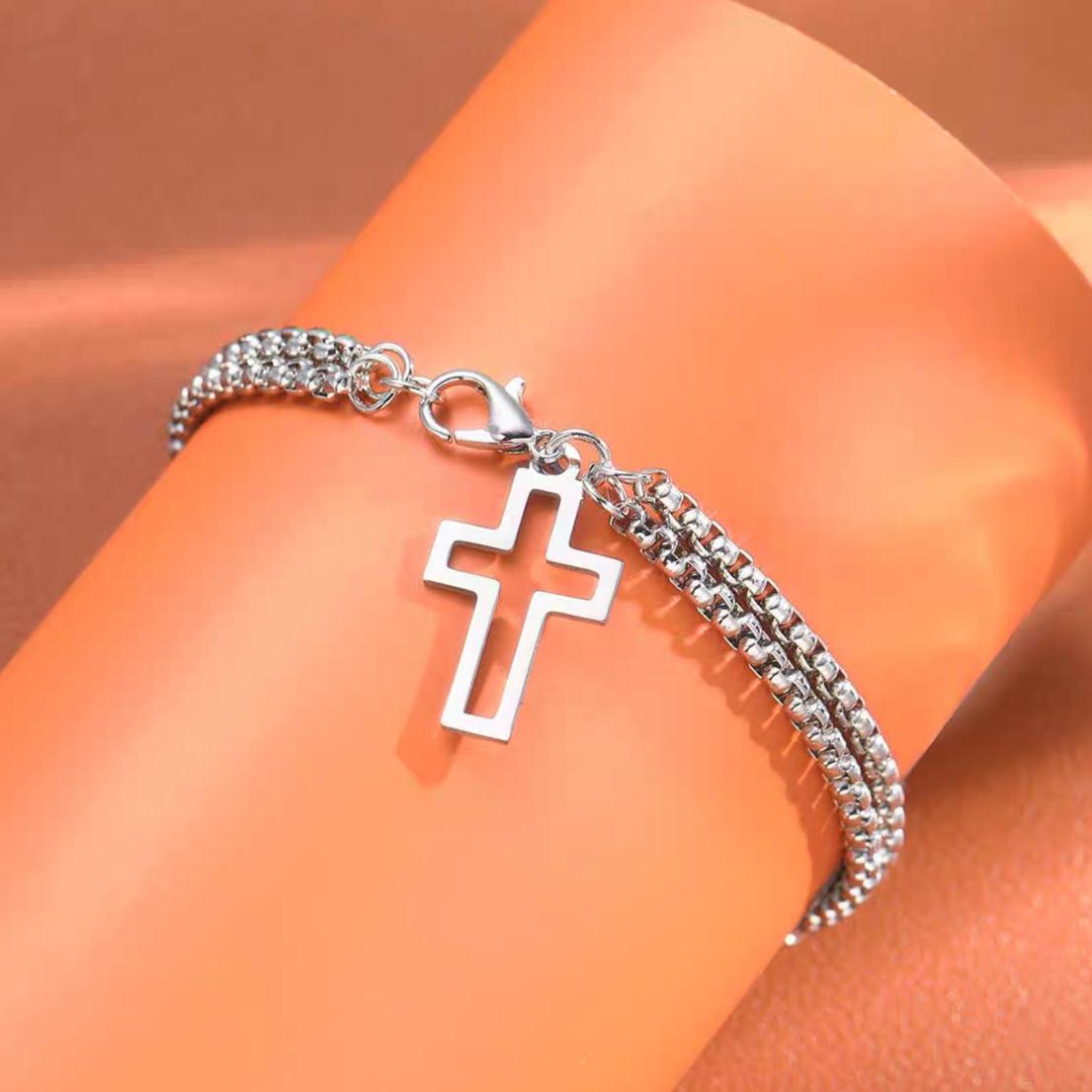 

Gothic Hollow Cross Chain Bracelet Men Metal Double Chain Cross Bracelets Man Cool Silvery Jewelry Accessories Business Gifts