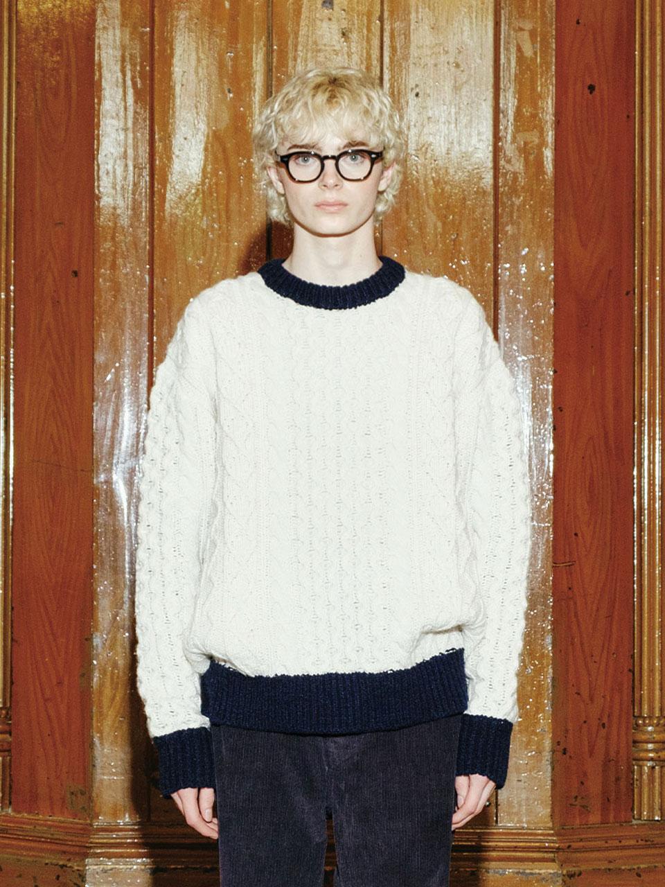 Man In Jungle Bicolor Fisherman Sweater - Ivory & Navy Ivory&Navy/L(100)
