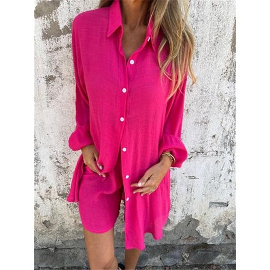 Women's shorts suit casual solid color cotton linen long sleeve wrinkle shirt and shorts two-piece set