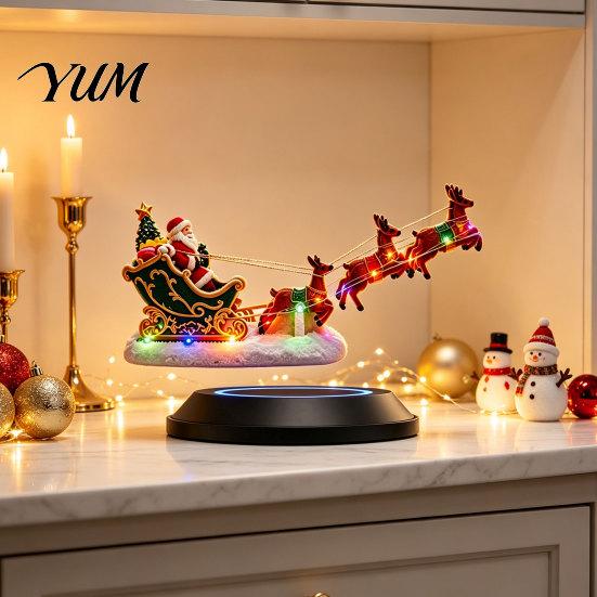 Compact Holiday Table Decorations Floating Santa Sleigh Centerpiece, Magnetic Levitation Flying Ornament with LED Christmas Centerpiece for Fireplaces