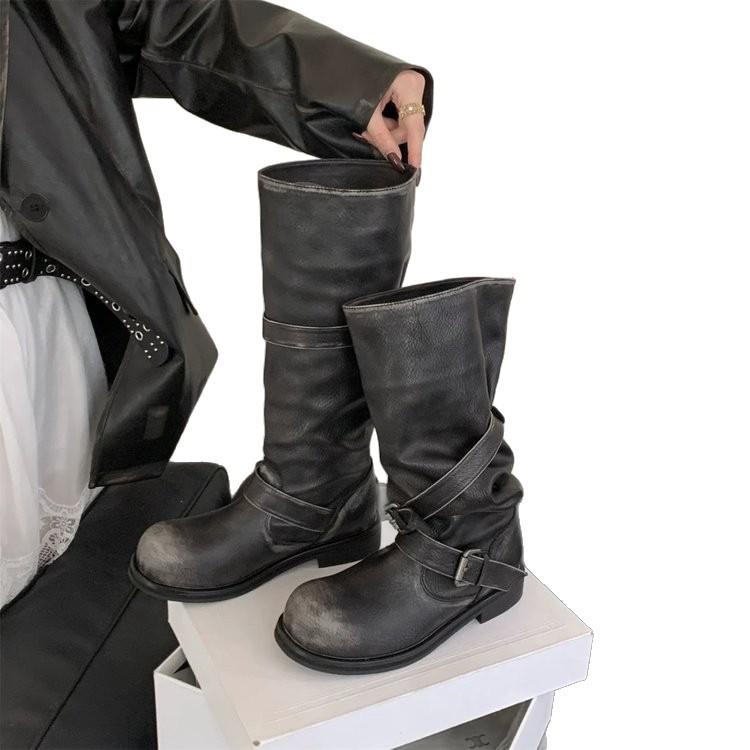 2025 Autumn and Winter New Korean Version Wide Tube Leather Thick Sole High Short Tube Two-wear Boots Women's Pile Boots Women's Knight Boots