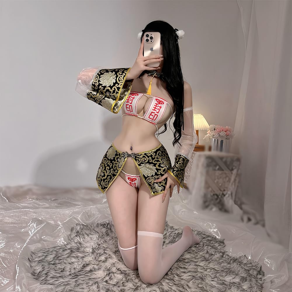 Jiangshi Zombie Open Chest Sexy Cosplay Halloween Costume Seal See Through Extremely Erotic Cute Ladies Bare Shoulder 6 Piece Set T Back One Size