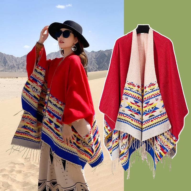 Women's Ethnic Shawl: Northwest Travel Cape, Thick Warm Scarf Cloak