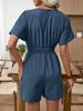 TikTok 2026 Casual V-neck Faux Denim Blue Waist-cinching Jumpsuit