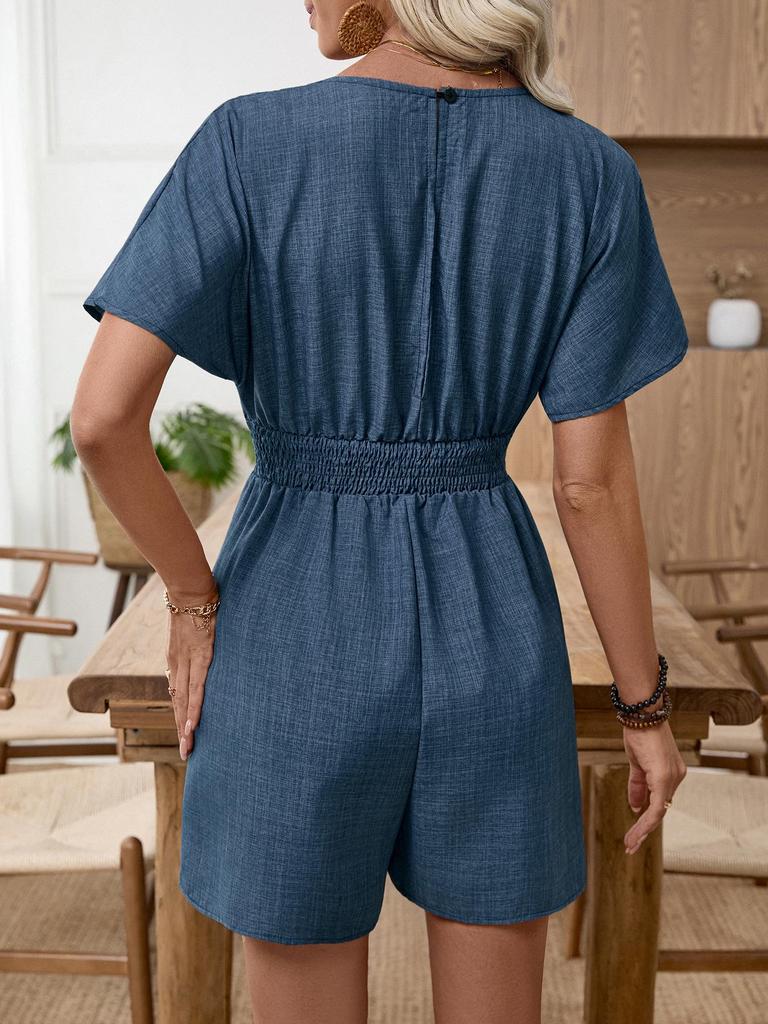 TikTok 2026 Casual V-neck Faux Denim Blue Waist-cinching Jumpsuit