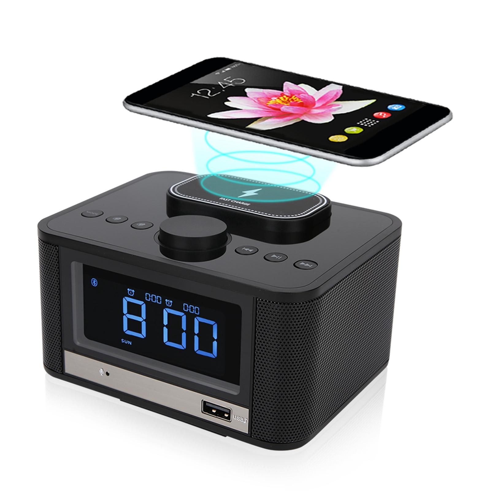 

Bluetooth-динамик, плеер, радио, беспроводная зарядка, цифровой будильник US Plug чёрный