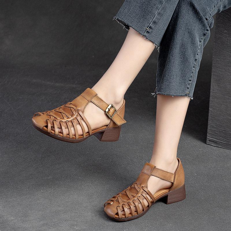 Dames Vintage Romeinse Sandalen - Bovenlaag Koeienhuid Gesp Enkelband Sandalen met 4cm Blokhak, Ronde Neus Comfortabele Zomerschoenen