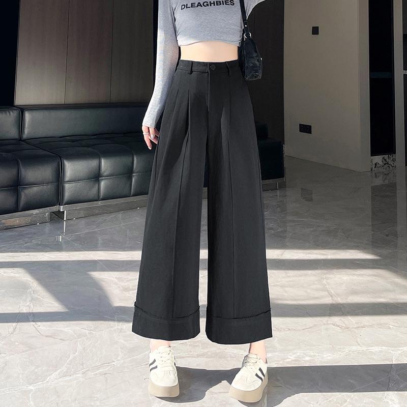 2026 Spring Women s Petite Casual Wide-Leg Cropped Pants - Lazy Style Washed Cotton Suit S