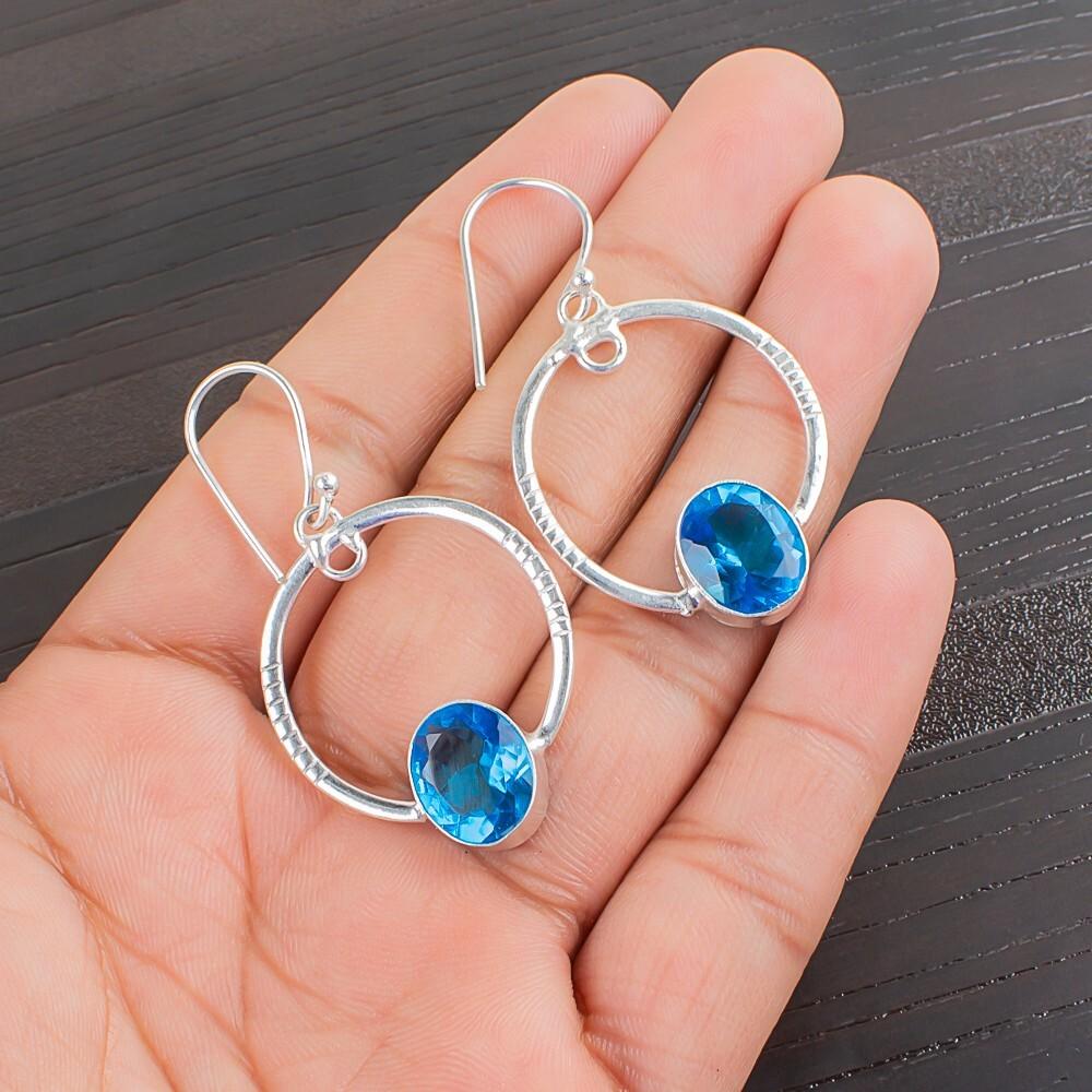 Natural Swiss Blue Topaz Gemstone 925 Sterling Silver Jewelry Handmade Earrings EE-67-9