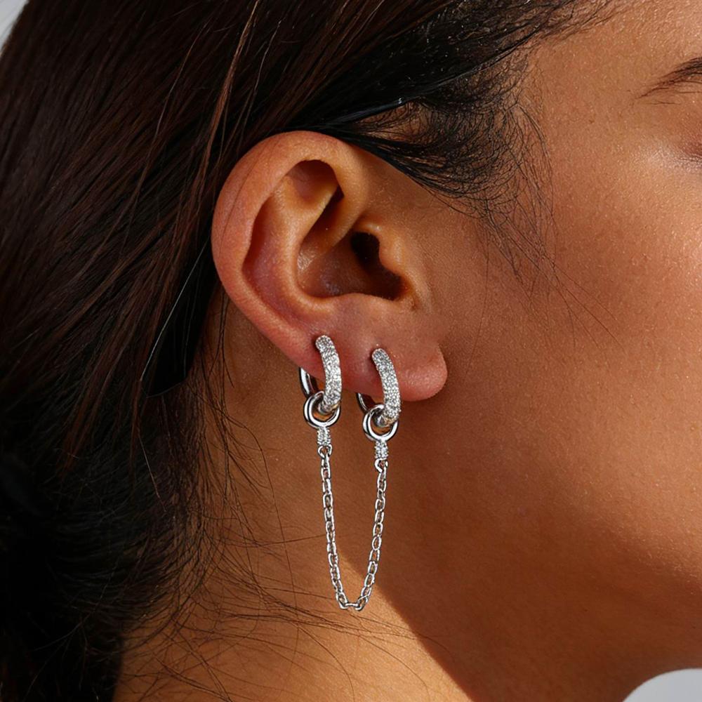 2026 New Years Gift Double Circle Link Tassel Chain Hoop Earring Micro Paved CZ Geometric Circle Double Piercing Ear Jewelry