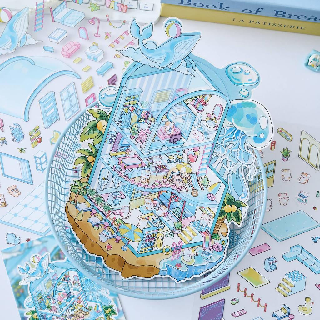 Plus Size Kawaii 3D Vacation Seaview Room Cartoon Miniature Scene Stickers DIY Handmade Scrapbooking Game Stickers Children Gift