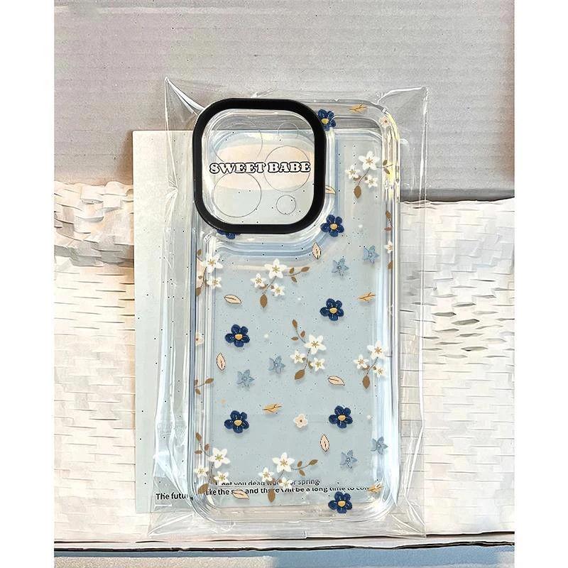 Blue & White Floral Phone Case for Apple 13, 14Pro Max, 15, 12, 17Pro - Full Screen, Transparent, Cute, Drop-Proof.