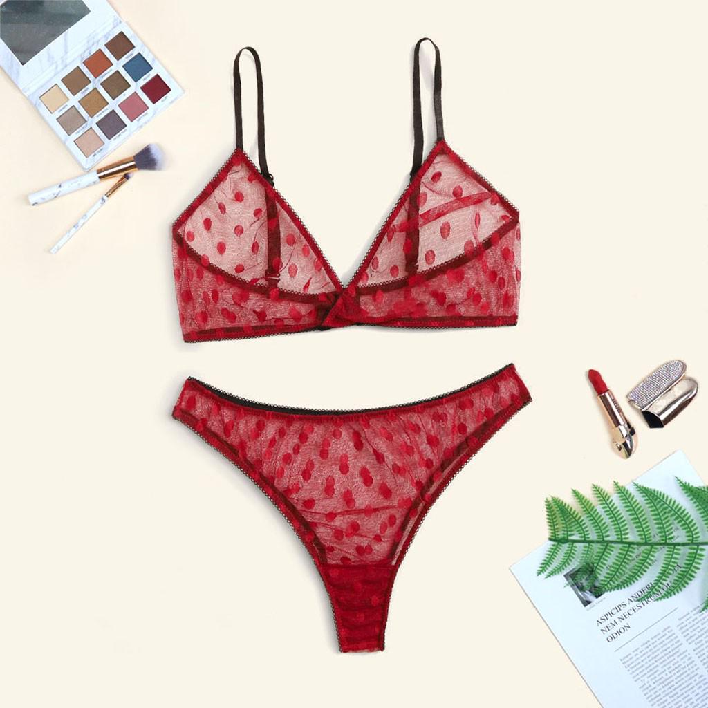

Women Sexy Dot Mesh V-Neck Wireless Bra Briefs Underwear Thong Lingerie Set S-XL