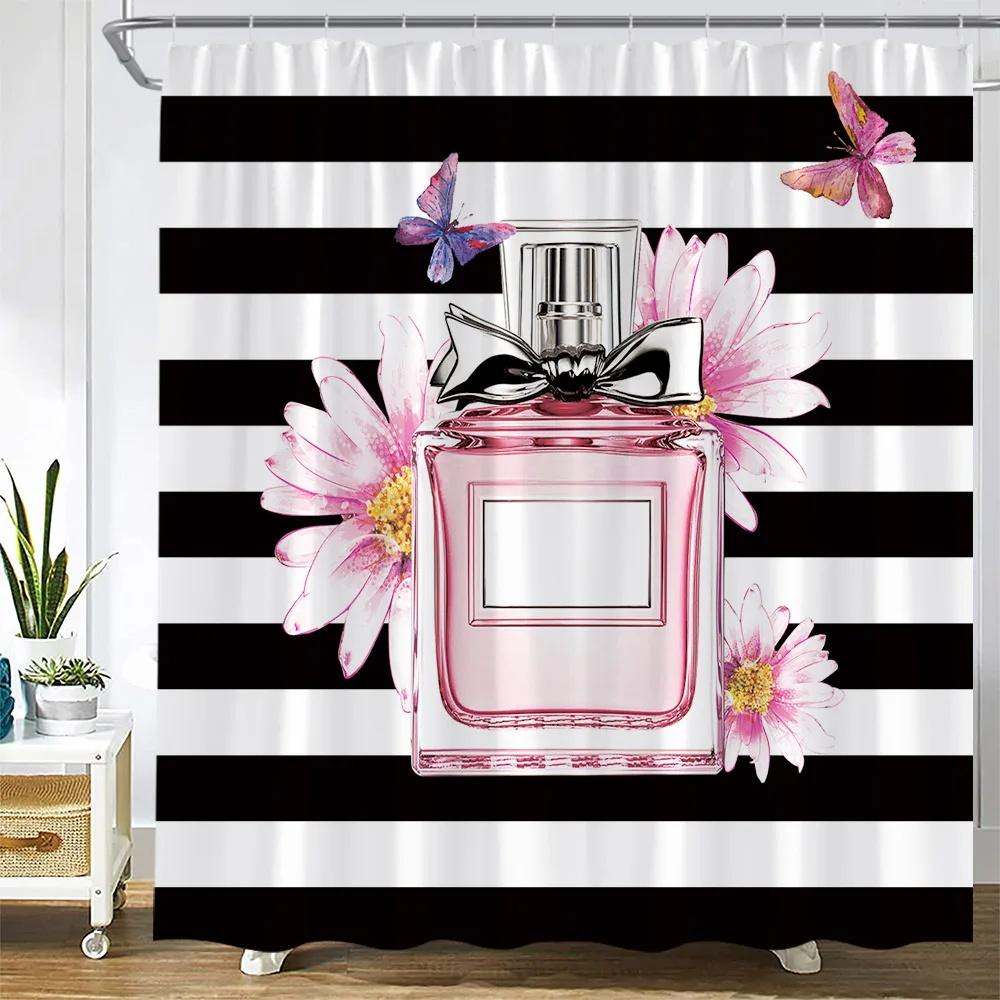 Pink Perfume High Heel Shower Curtain Set Black White Stripes Fashion Girl Woman Bathroom Decor Polyester Bathtub Curtains Hooks