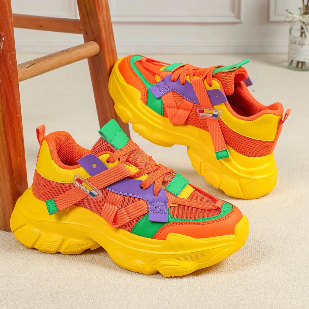 Trendy Chunky Shoes for Women Platform Casual Sneakers Mesh Walking Shoes Breathable Fashion Platform Dad Shoes Lace-up