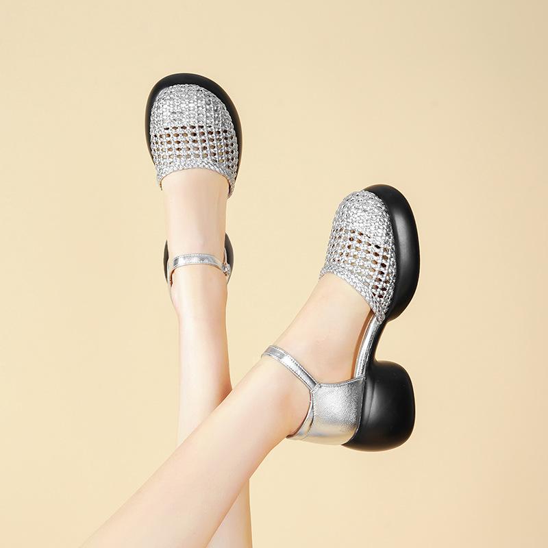 

Fashion AIYUQI Women s Sandals Retro 2025 New Summer Roman Female Sandals Large Size Woven Hollow High Heels For Women 43 серебряный