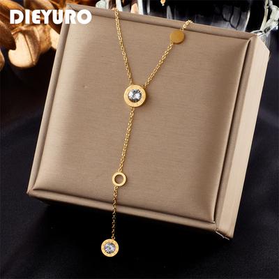 DIEYURO 316L Stainless Steel Roman Numeral Dial Zircon Long Pendant Necklace For Women Fashion Girls Clavicle Chain Zircon Gift