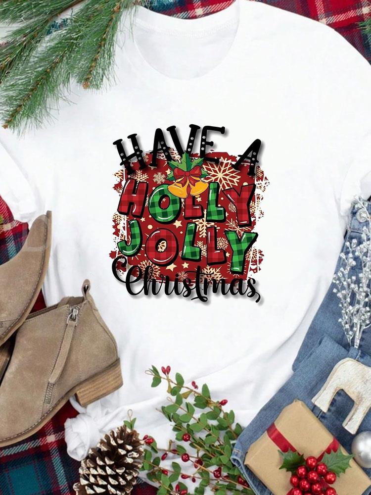 (Asian Size) Tee New Year Holiday tree cute 90s Merry Christmas Top festival Casual Women Print Lady Short Sleeve Fashion Graphic T-shirts