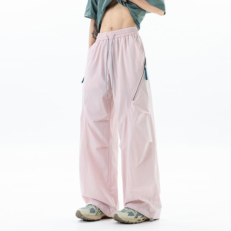 Unisex Drawstring Wide Leg Cargo Pants Solid Color Casual Loose Fit Trousers