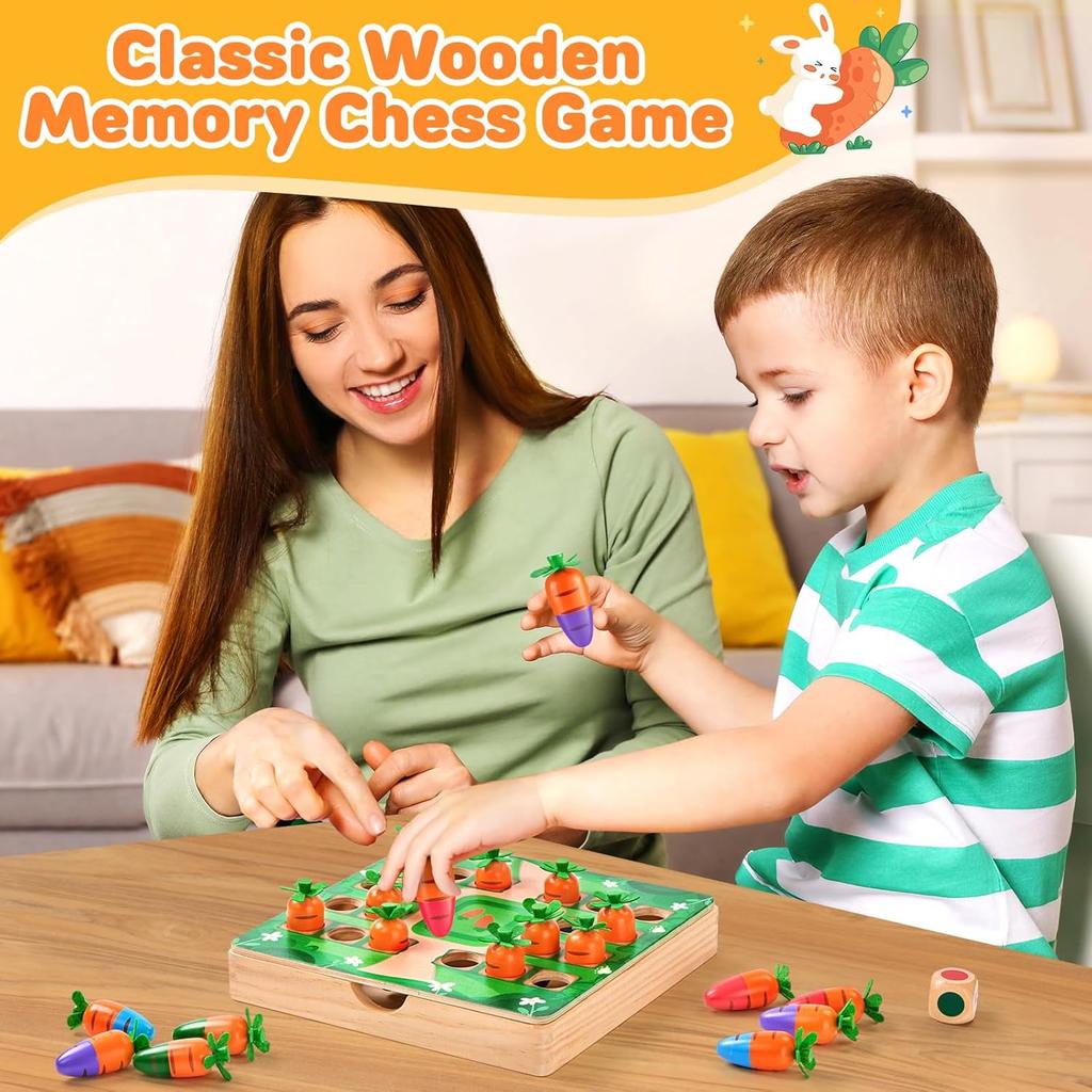 Wooden Memory Game, Montessori Toy from 3 4 Years, Memory Chess Children Intellectual Chess Board,  Travel Board Games from 3 -8 Years