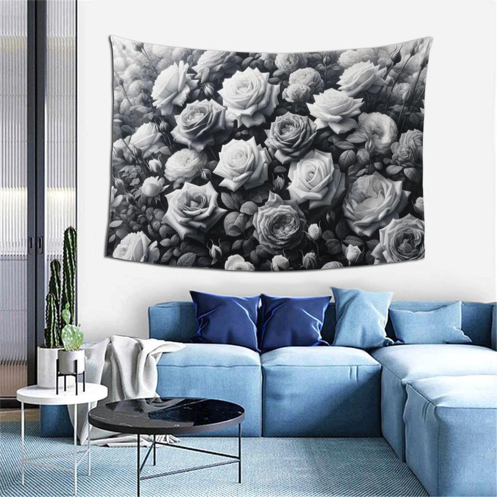 Florale Blume Wandteppich Aschgrauer Hintergrund Wandkunst Rosen Wandteppiche Pflanze Botanisch Natur Wandbehang Schwarz-Weiß Stil