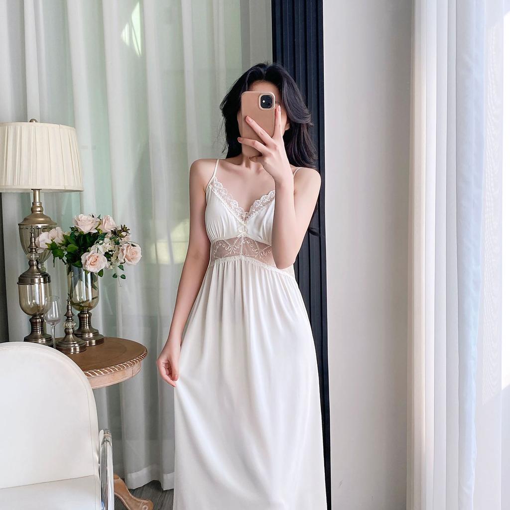 Spring and summer Japanese sweet suspender nightgown women's sexy thin suspender ice silk nightdress pure desire style nightgown long sleeves