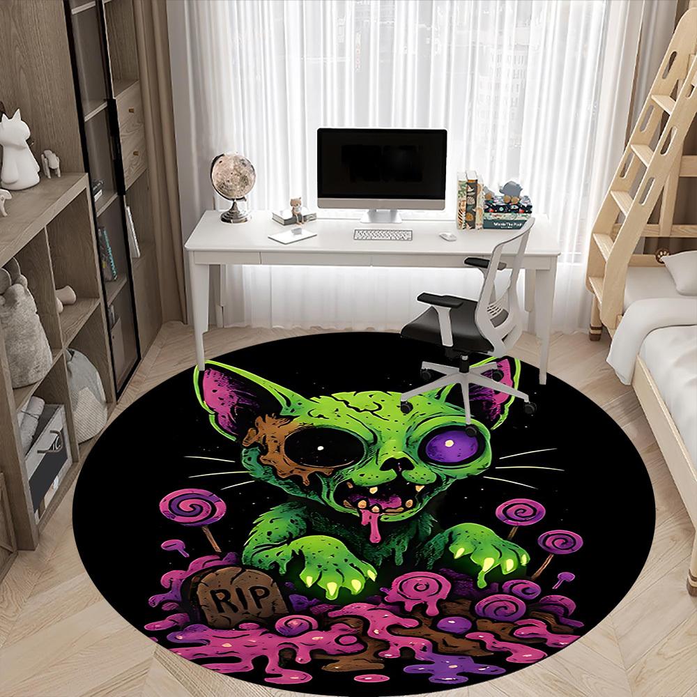 1pc Zombie Cat Office Round Area Rug, Under Office Chairs Bedroom Living Room Home Decor, Room Deco