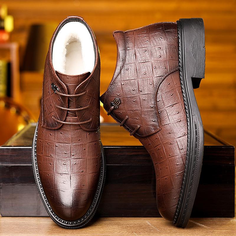 Cotton Shoes For Men 2024 Winter Warm Plus Velvet Business Formal Leather Shoes Men's Shoes High Top Dad Cotton Leather Shoes