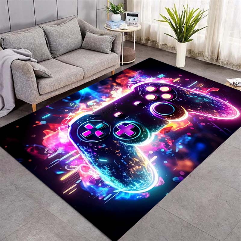 Neon Glow Game Controller Colorful Burst Print Area Rug Non‑Slip Rectangular Floor Mat Gamer Gaming Room Home Decor