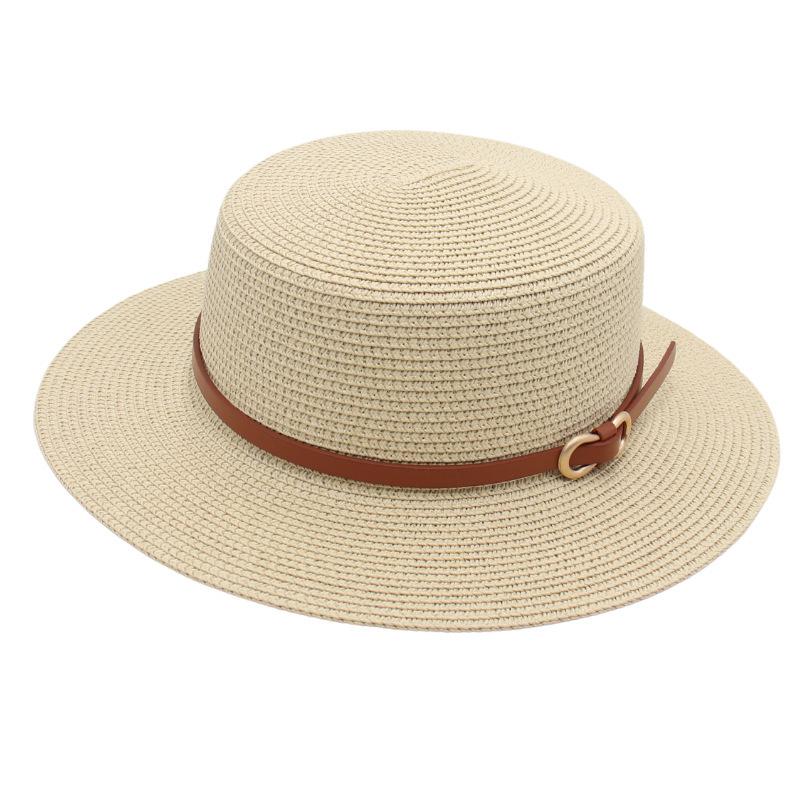 Straw Hat Female Sun Hat Belt Buckle Bucket Hat Flat Top Mother Hat Big Brim Cool Hat Seaside Beach Hat