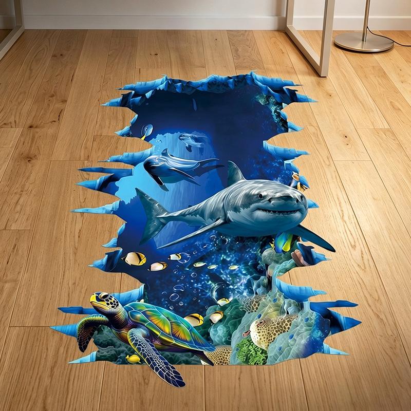 Onderwaterwereld 3D Haai Gebroken Muur Muursticker Zee Dieren Zelfklevende Pvc Sticker Badkamer Vloer Muur Decoratie