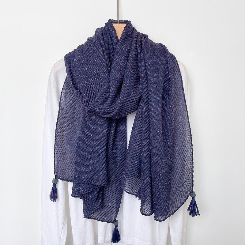 Literarischer Stil Retro High-End Schlichter Einfarbiger Schal Japanischer und Koreanischer Damen Kreative Mode Plissierter Dünner Schal Hängende Fransen