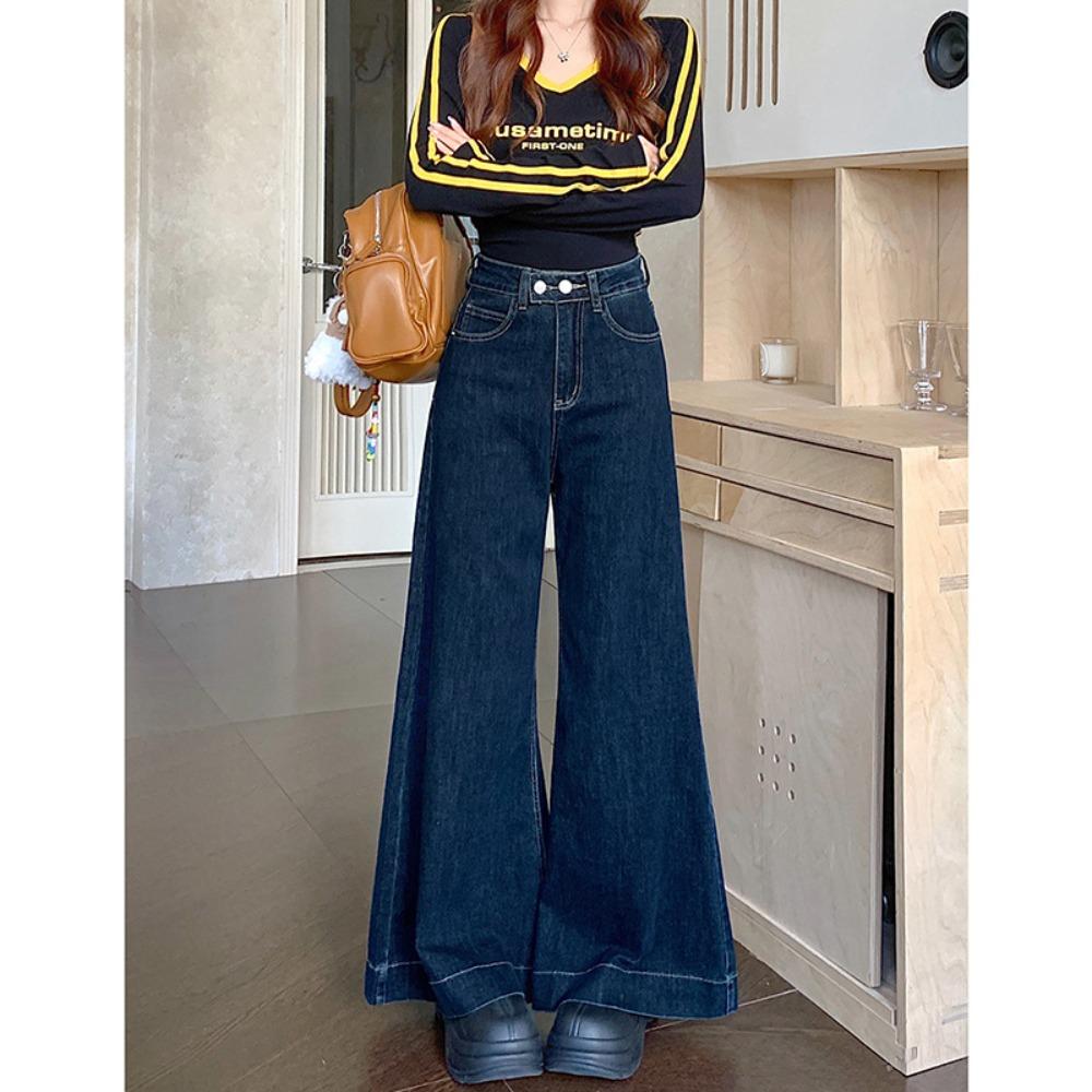 

Lazy style versatile drape wide-leg jeans women s spring and autumn new thin straight mopping jeans tide 2XL темно-синий
