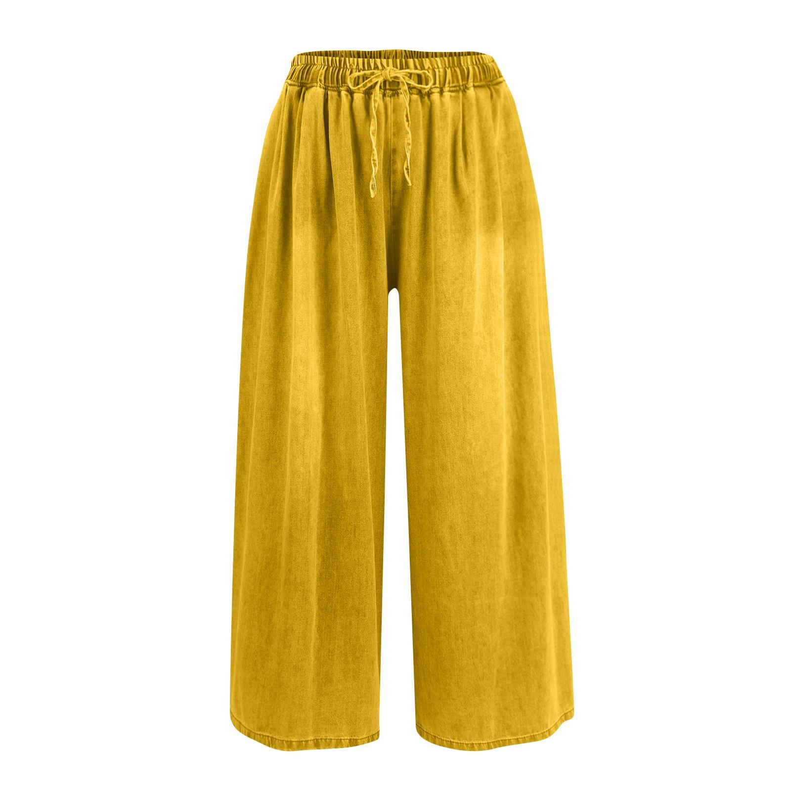 

Жіночі весняно-осінні вінтажні випрані джинсові широкі штани, художні вільні штани-спідниці, укорочені штани для схуднення One Size жовтий