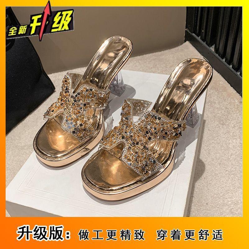 Niche crystal thick heel high heel one-word women 2025 summer new fashion versatile comfortable open-toed cool slippers women