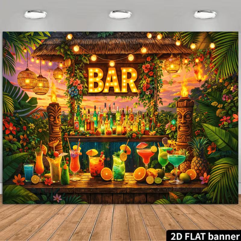 2D Tiki Bar Backdrop, Tropical Hawaiian Luau Cocktail Party Photo Background Banner 47.2x31.5inch/120*80cm