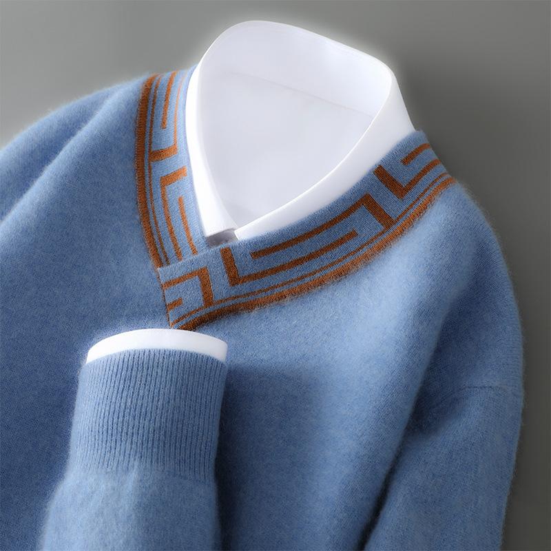 Twelve Needle Double-strand High-strength Color-blocking Cross V-neck Cardigan Men's Autumn and Winter New Fashionable and Versatile Base Shirt