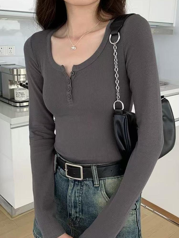 Korea Chic U-collar Base Bottom T-shirt Women Casual Long Sleeves Sweet Slim Tees Harajuku Solid Elegant Clothing Winter Winter